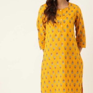 2pc Women Mustard Yellow & Red Printed Pure Cotton Kurta with Trousers